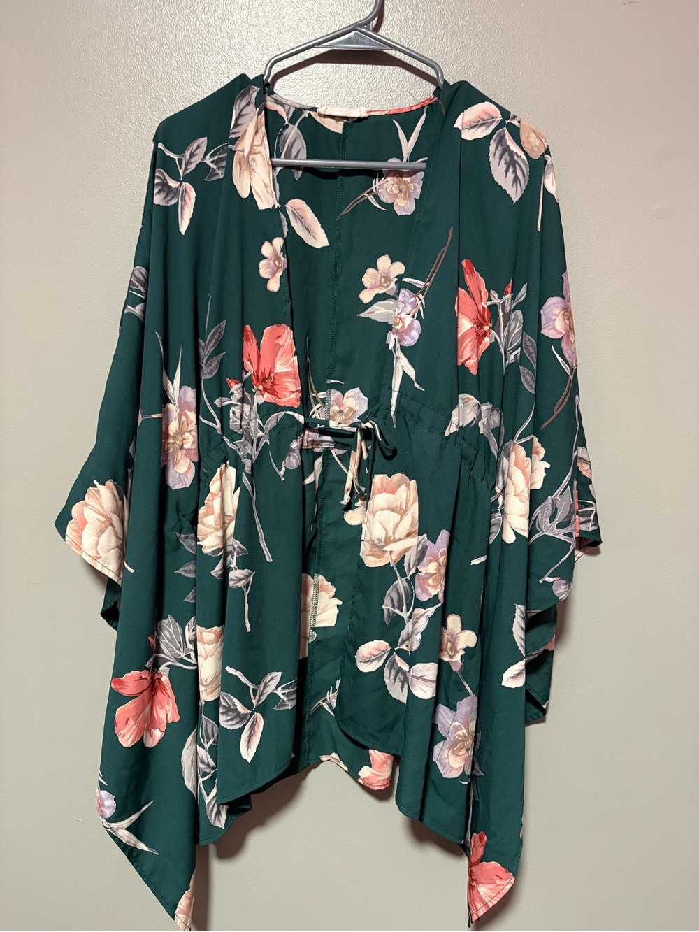 Peach Love California Floral Kimono Green Boho Tie Front Cover Up Size Large
